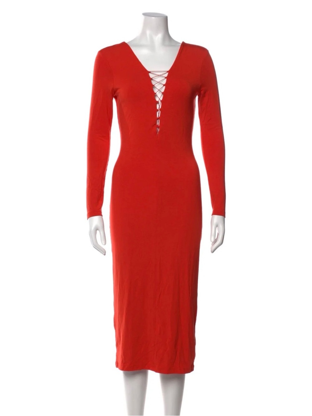 Alexander Wang Red Lace-Up V-Neck Long Sleeve Midi Dress